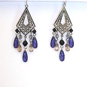 Silver Deep Purple Blue Gold Beaded Drop Earrings